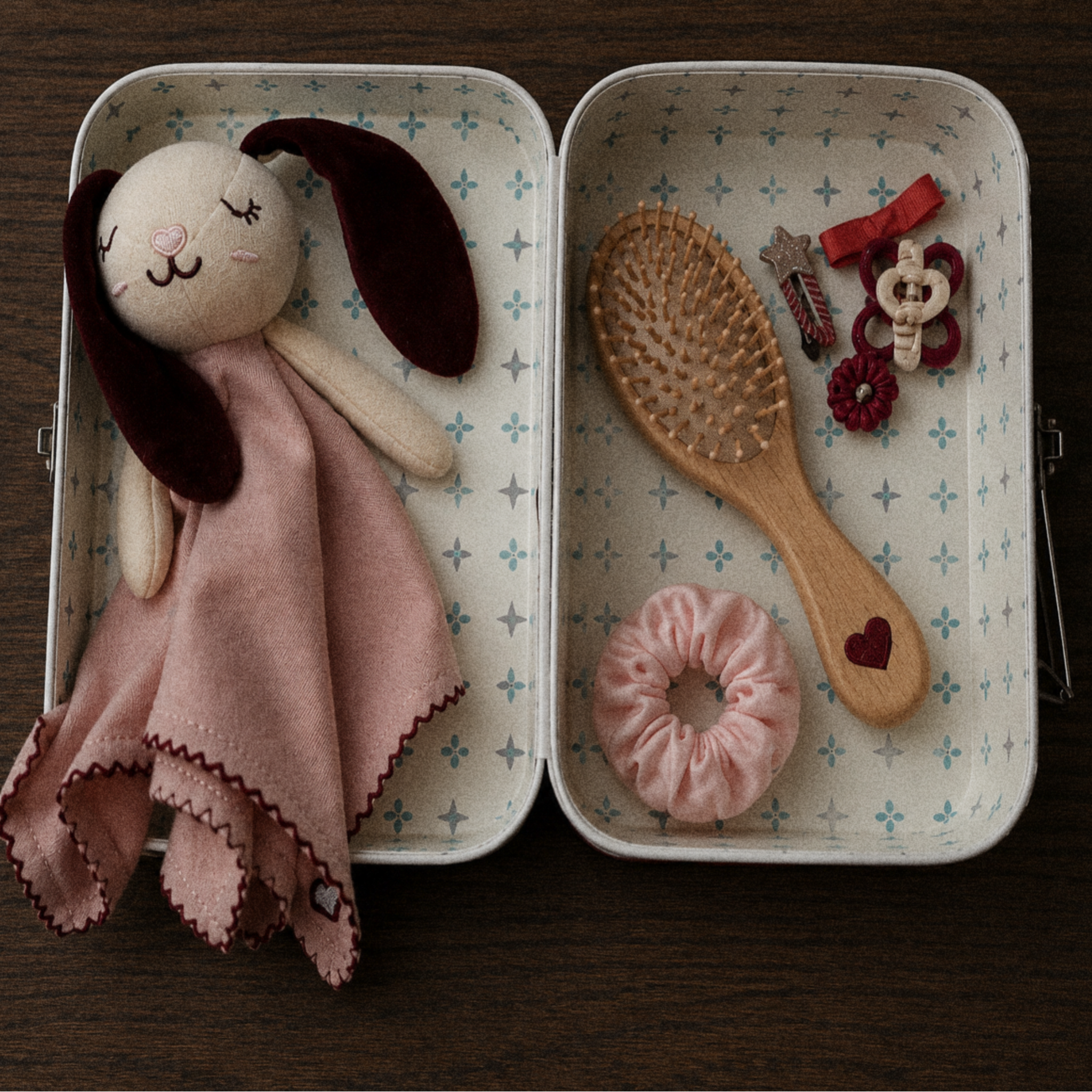 A styled flat-lay of a dusty pink sleepy softie with a matching pink blanket inside an open patterned metal lunch box, alongside a wooden hairbrush, pink scrunchie, and small hair accessories on a dark wood background.