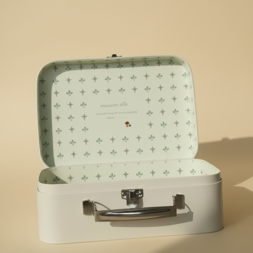 Maison Elle keepsake suitcase box with green star interior lining and silver hardware