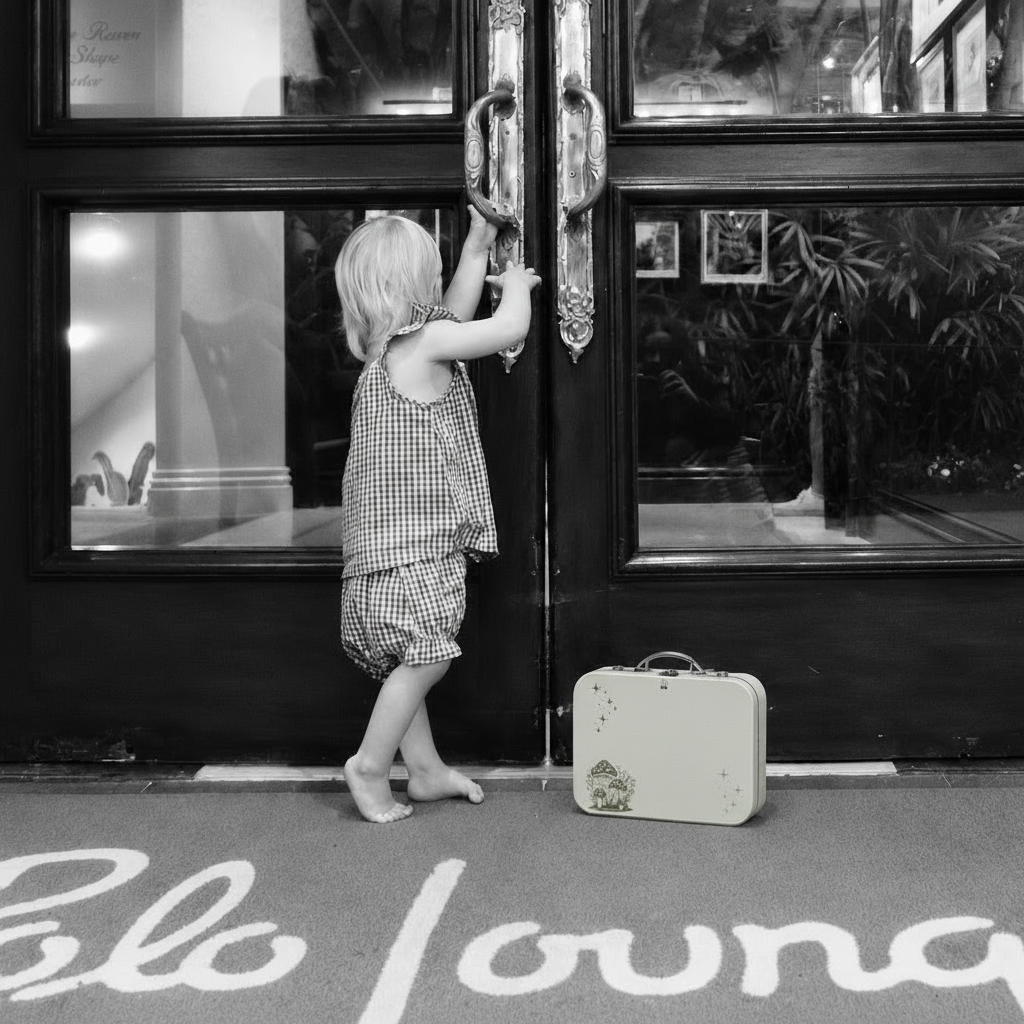 Child standing beside a Maison Elle keepsake suitcase in a black-and-white editorial scene