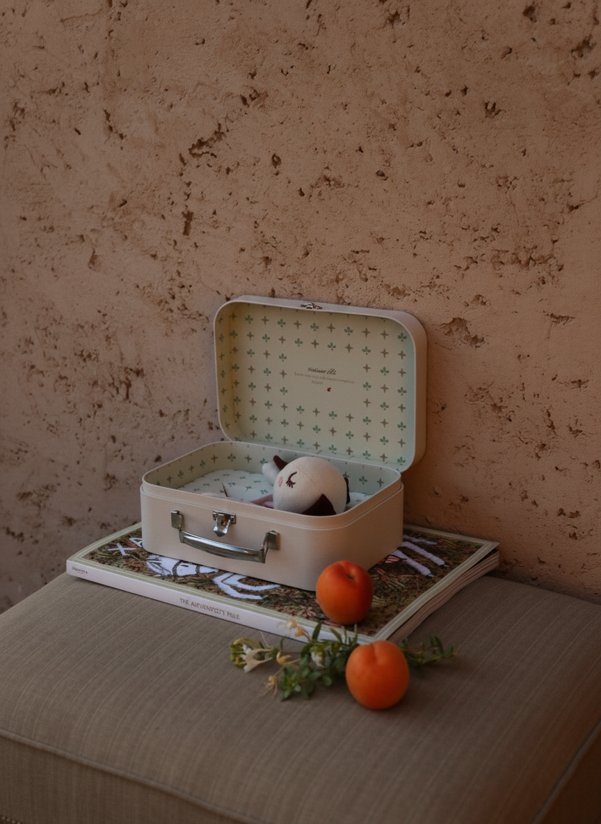 Sleepy Elle organic cotton baby comforter inside her open keepsake suitcase beside flowers and oranges